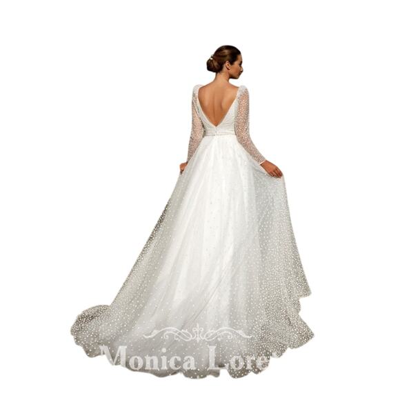 Monica Loretti Wedding Dress Style #8188 SZ 12 White With Sheer Sleeves - Picture 2 of 16